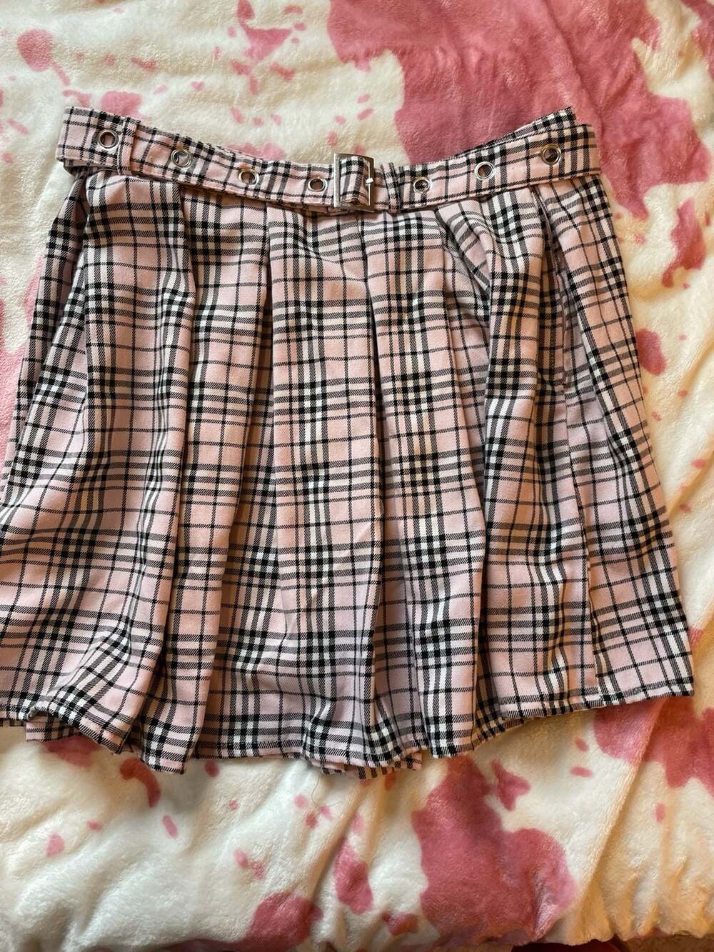 Hot Topic Pink & Black Plaid Pleated Grommet Belt Skirt Size XL